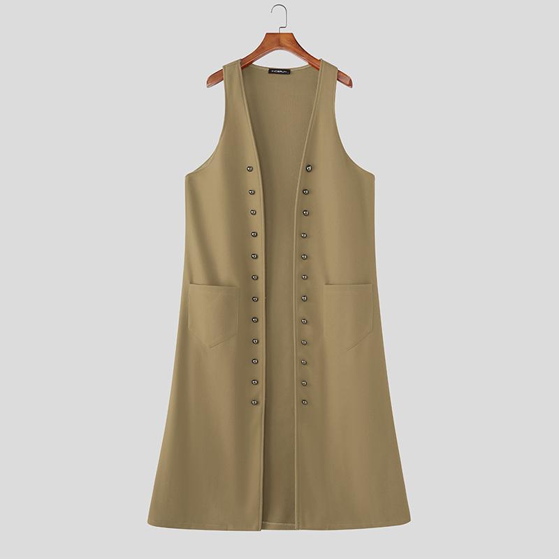 

INCERUN Мужские жилеты без рукавов с открытой передней частью, декоративными пуговицами, из шерстяной ткани, повседневные, длинные кардиганы M хаки