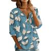 Women’s Casual Floral Print Henley Neck Cotton Linen Shirt Three Quarter Sleeve Button Front Loose Fit Blouse Top