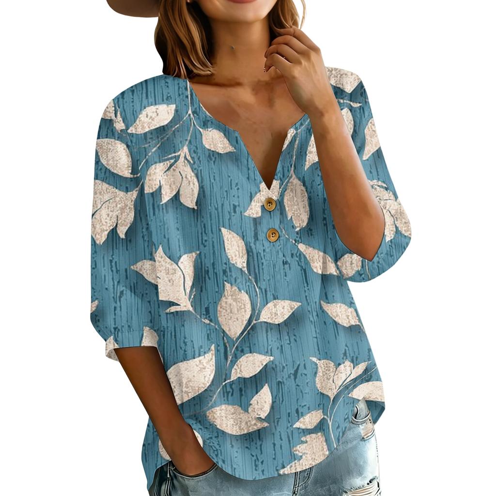 Women’s Casual Floral Print Henley Neck Cotton Linen Shirt Three Quarter Sleeve Button Front Loose Fit Blouse Top
