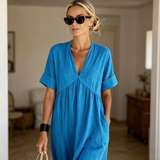 Sommer Baumwoll-Leinen Maxikleid für Damen Lässiges V-Ausschnitt Kurzarm A-Linien Kleid Strandurlaub Fließendes Sommerkleid mit Taschen