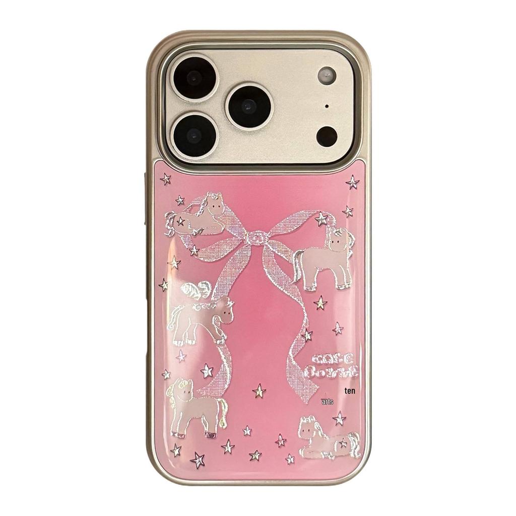 Gilded Pink Bow Electroplated Phone Case for iPhone 17 Pro Max, Apple 16 Compatible, Small Horse Design