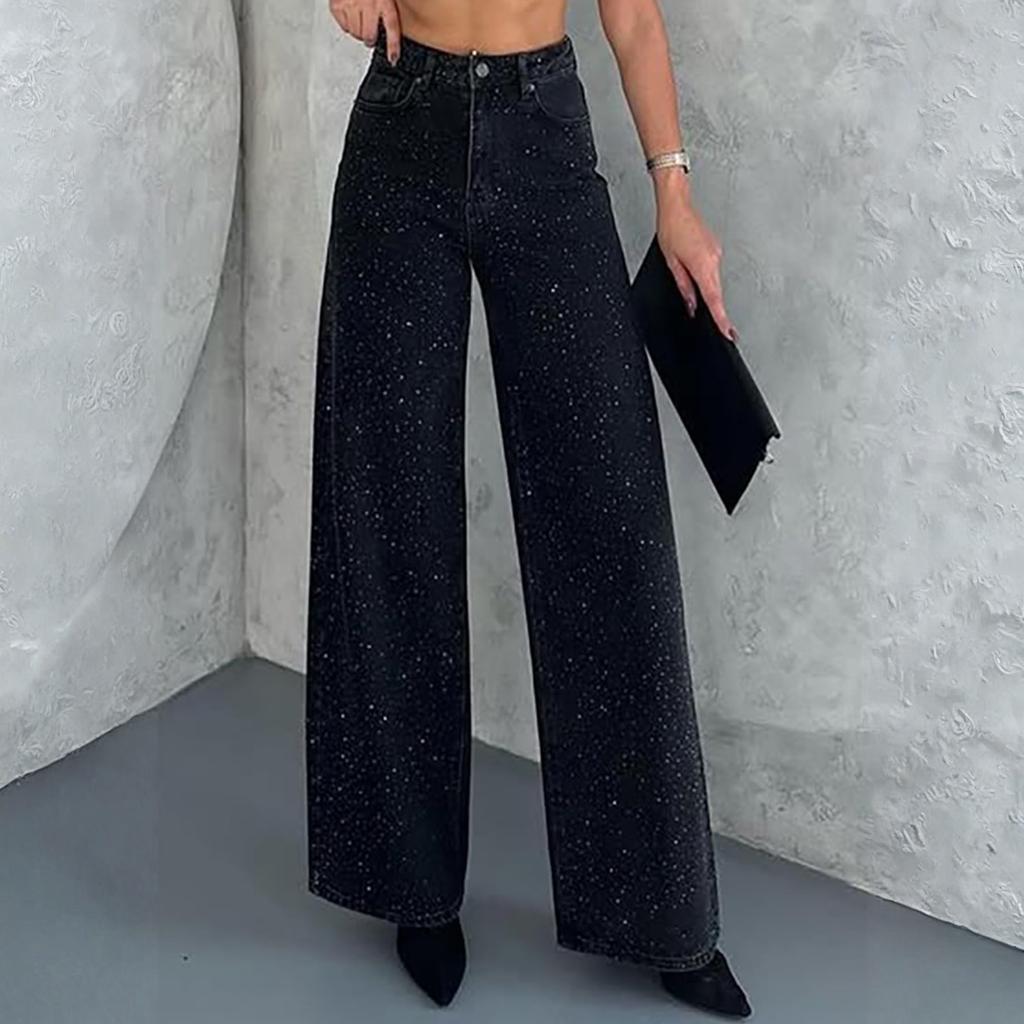 Calças de Jeans Femininas com Strass Cintura Alta Retas Perna Larga Jeans Brilhante