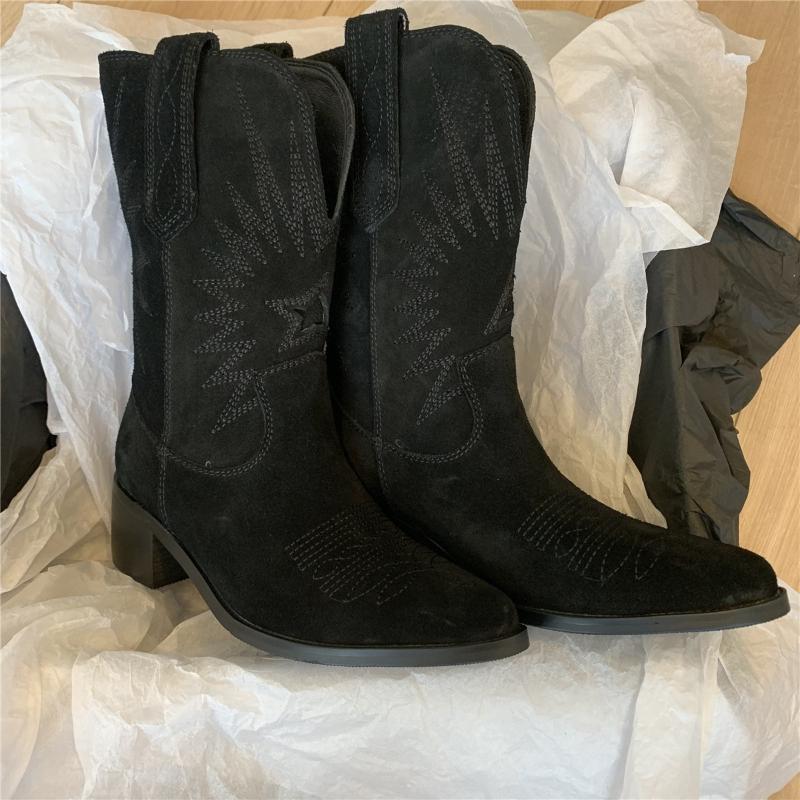 Plus Size 35-43 Cowboy Boots Embroidered Retro Western Boots Women's New Autumn/Winter Coarse Heel Middle Sleeve Knight Boots