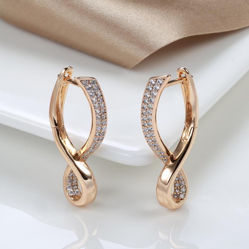 Earrings for Women: European & American Style, Geometric Cross Design, Zircon 585 Rose Gold French Earrings