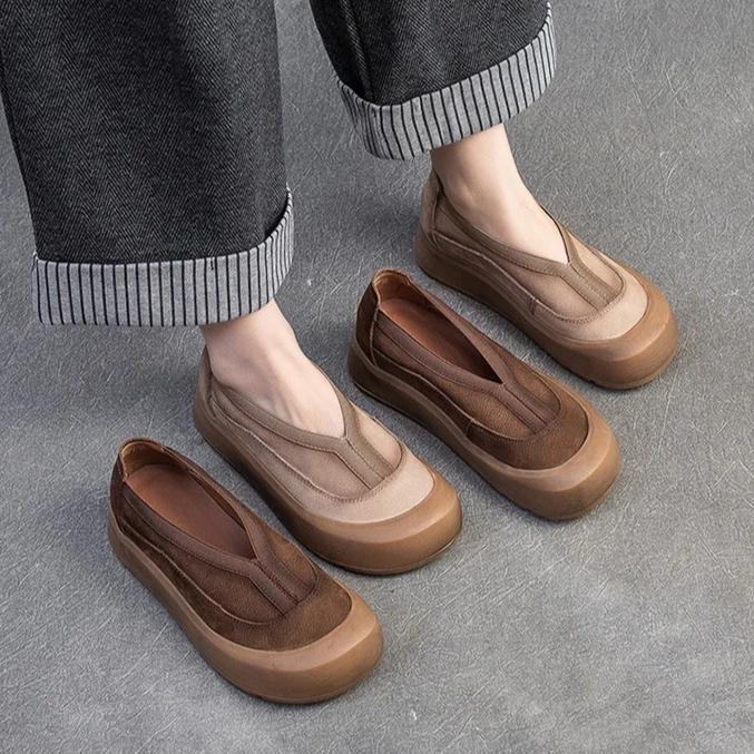 Johnature Genuine Leather Thick Soled Round Toe Loafers Retro Comfortable Women's Flat Platform Shoes