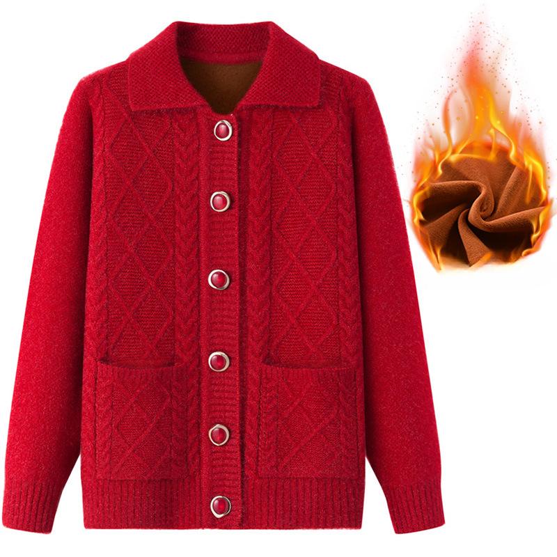 

Осінньо-зимова куртка Жіночий одяг для бабусі з потовщеним лацканом Одяг для матері В’язаний светр Кардиган Светр для людей середнього та літнього віку M