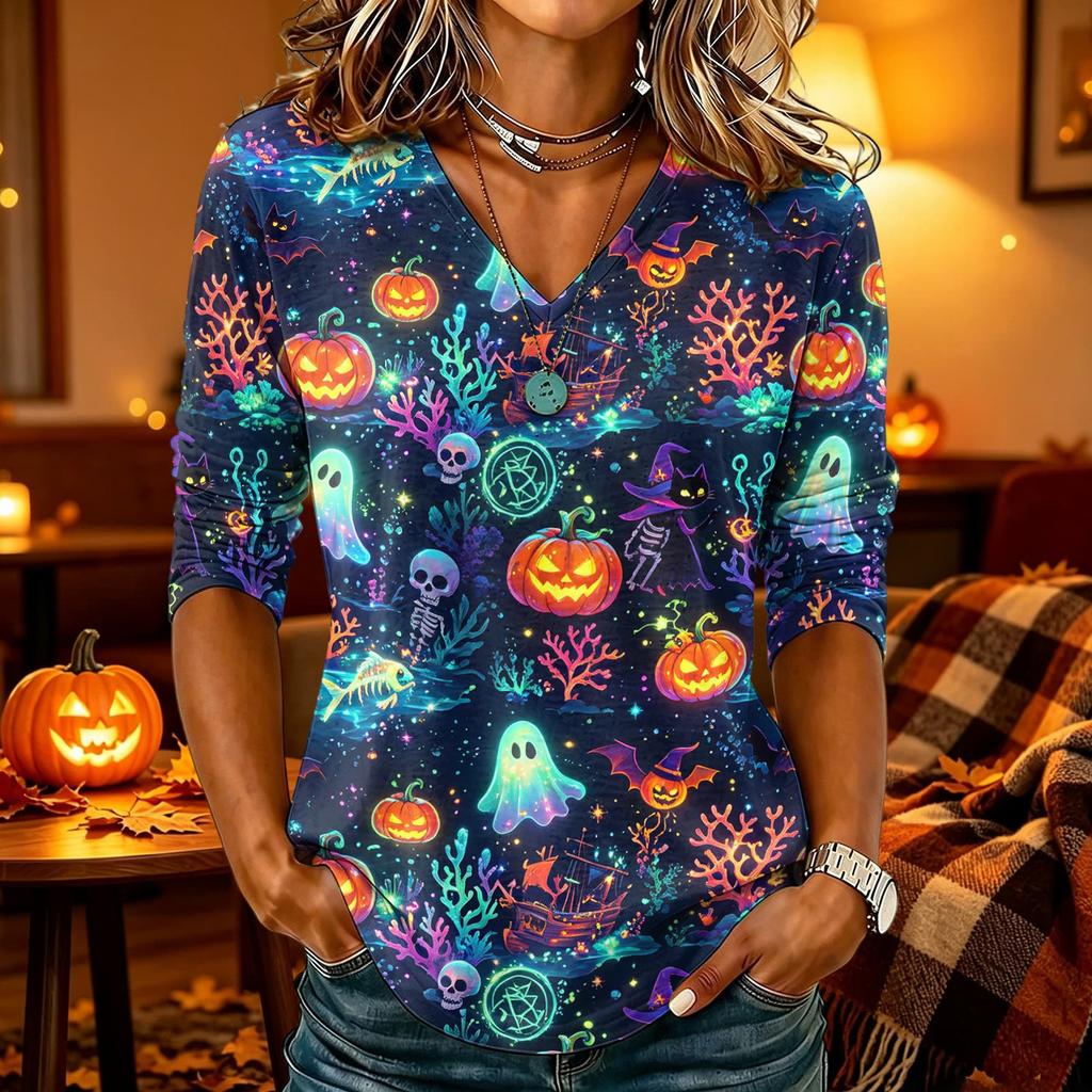 Women's Casual Halloween Print V-Neck Three-Quarter Sleeve Top for Party Wear