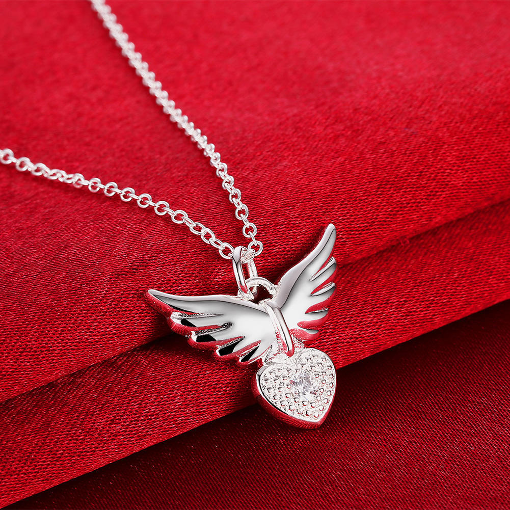 925 Sterling Silver 18 Inches Zircon Elegant Heart Wings Pendant Necklace For Women Fashion Jewelry Christmas Gifts