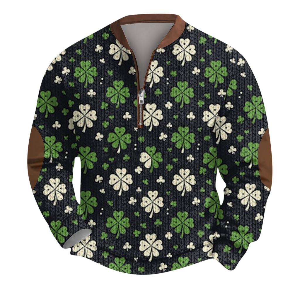 Mens Christmas Sweater Zip Up Sweatshirts Vintage Knit Graphic Sweatshirt St. Patrick's Day Stand Collar Pullover