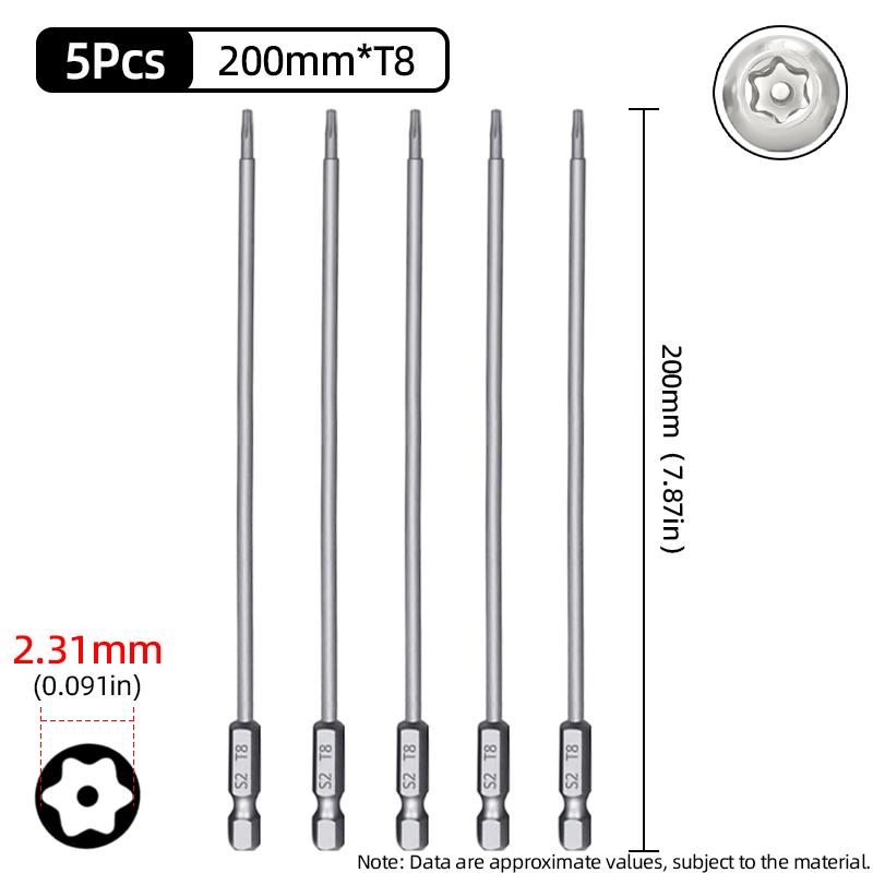 200mm Torx šroubovací bity Magnetické Dutá Hlava Květ Švestky Ocel S2 Bezpečnostní bit T6-T40 1/4'' Šestihranná Stopka Ruční Elektrické Nářadí