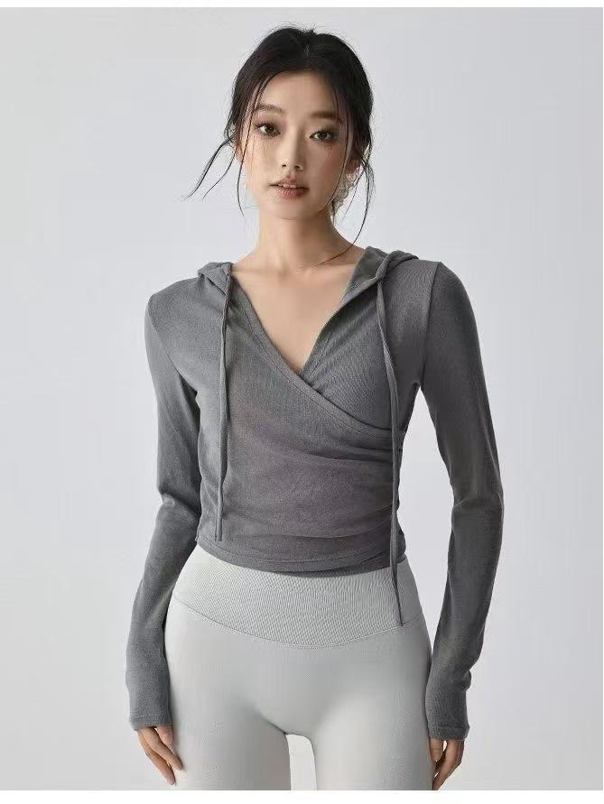 Women's Hooded Long Sleeve Yoga Top - Slimming, Breathable, Waist-Cinching Sports Cover-Up for Pilates Training, Autumn Comfort.