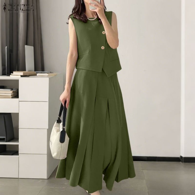 ZANZEA Women Sleeveless Vest Tops and Long Skirts Summer Two Piece Suit Sets