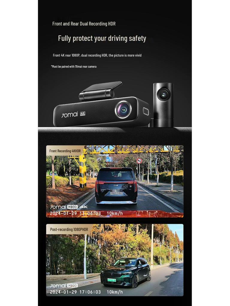 70mai M800 4K Nachtsicht Dashcam: Doppelaufnahme vorne/hinten mit 4G-Fernüberwachung & Parküberwachung.