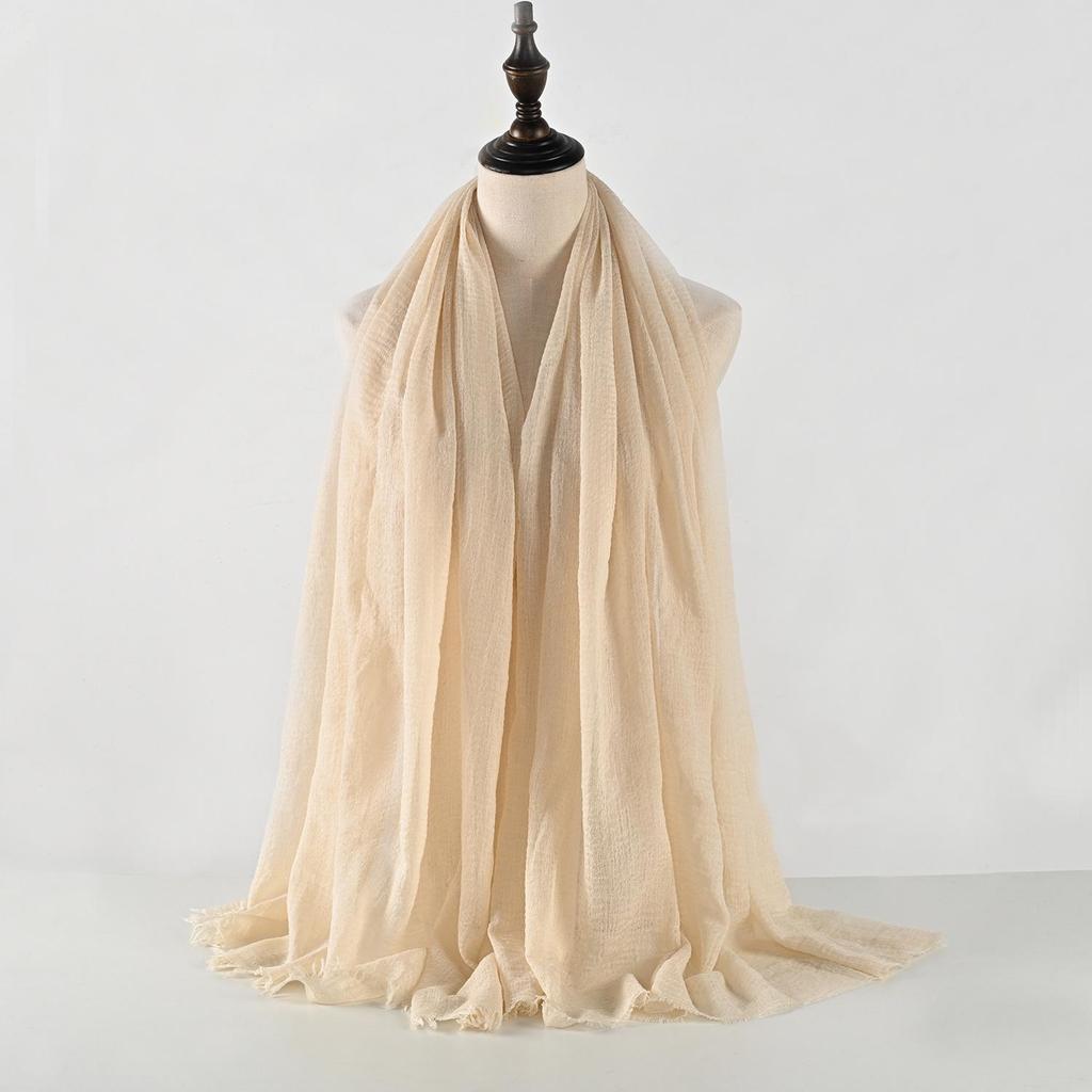 Crinkled Cotton-Linen Blend Scarf with Fringe - Solid Color, 90x180cm, Women's Headscarf