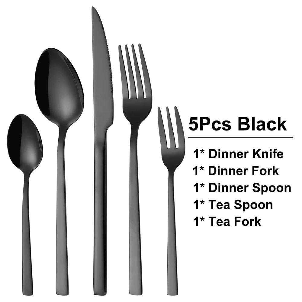 Black Cutlery Stainless Steel Western Tableware Mirror Knife Fork Spoon Dinnerware Kitchen Utensils 1/2/3/4/5 Set Flatware Plate