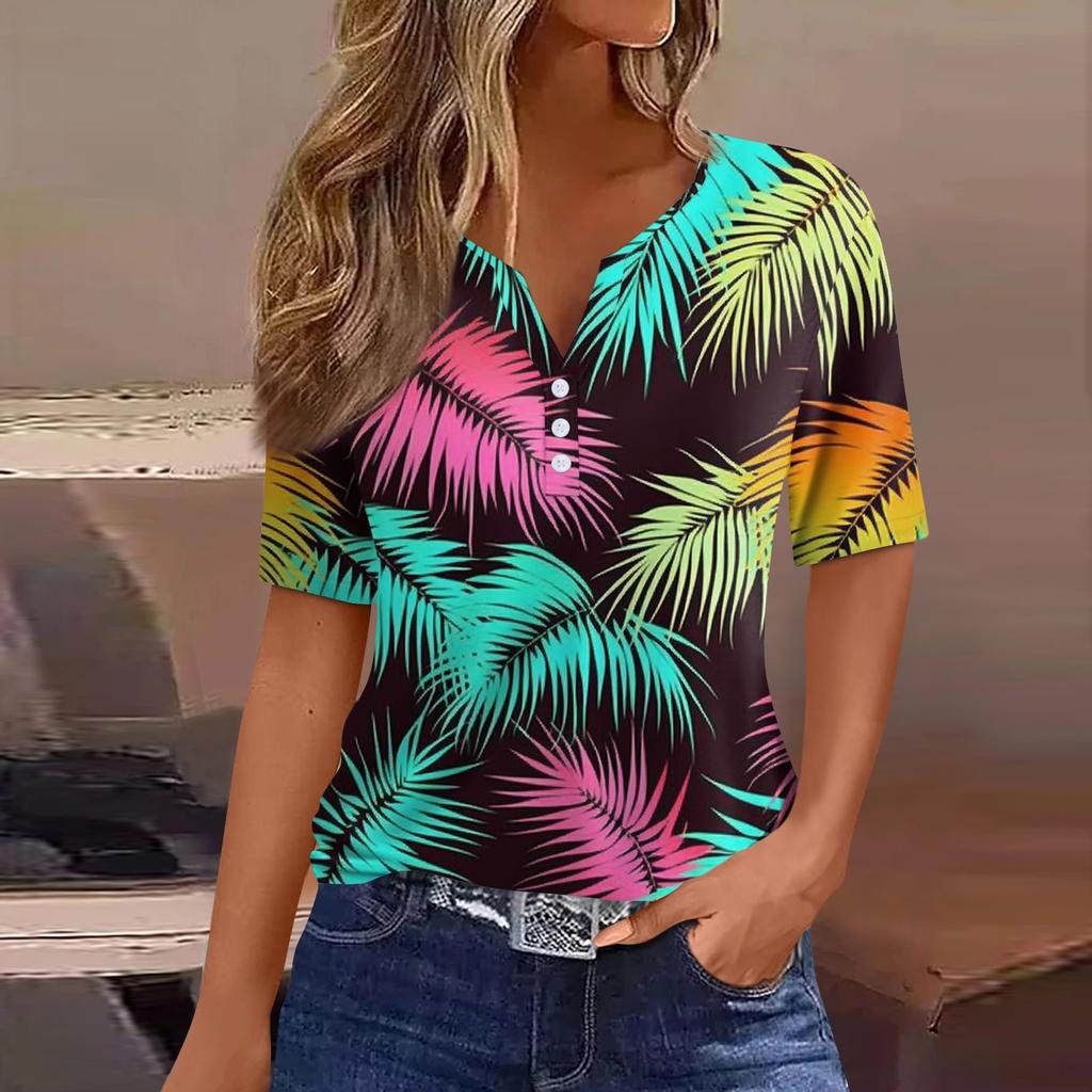 Women's T Shirt Print Button Short Sleeve Daily Weekend Fashion Basic V- Neck Regular Top