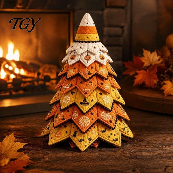 Fall Seasonal Decorations Halloween Quilted Fabric Tree Kit, Witch Cat Spider DIY Handmade Keepsake Decor 3D Padded Sewing Craft Project for