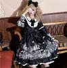Gothic Lolita Long Sleeve Dress One Piece Skirt Knee Length Black Doll Castle Pattern [Lady Lazy] (L)