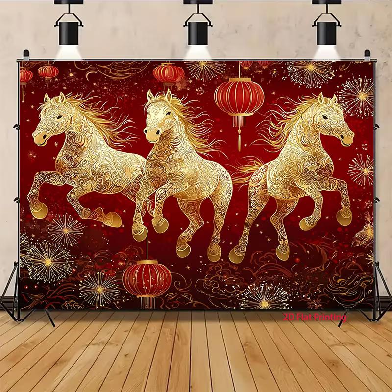 2D Chinese New Year Golden Horse Backdrop Red Lantern