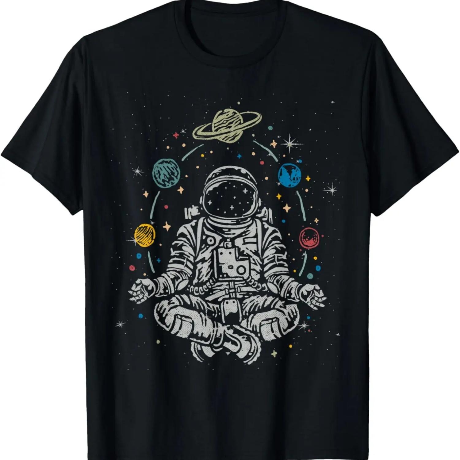Vintage Lotus Meditating Astronaut Zen Yoga Planets Universe T-Shirt S чёрный