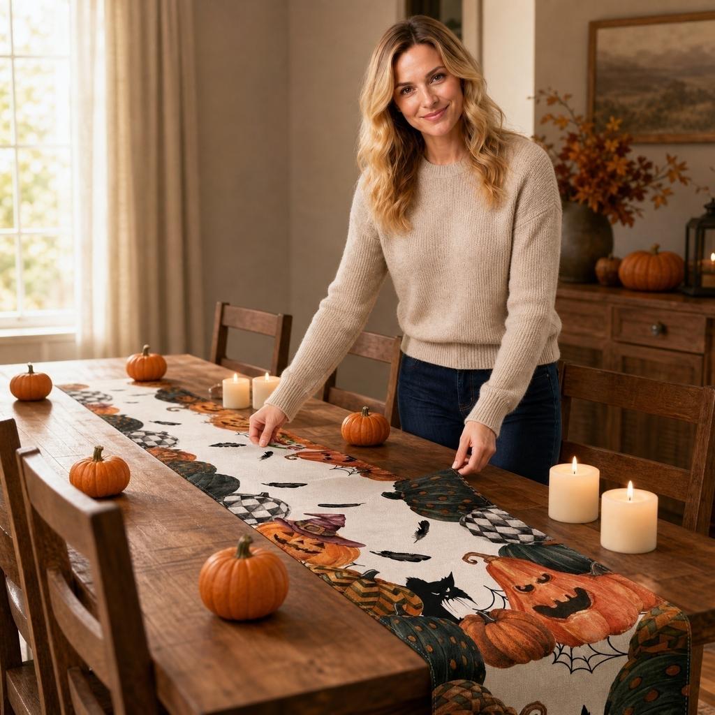 Linen Table Runner with Pumpkin and Cat Print for Fireplace TV Stand Dining Table Coffee Table 183x33cm Halloween Theme