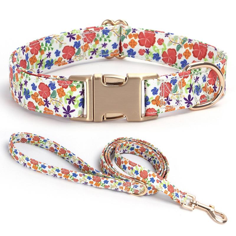 Floral Print Dog Collar and Leash Set Adjustable Soft Nylon Pet Collar with Metal Buckle Dog Lead for Daily Walking Training