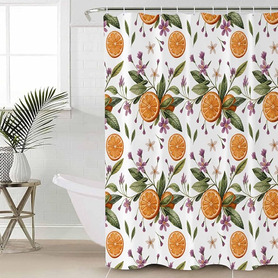 Fresh Fruit Orange Shower Curtain with Hooks Waterproof Polyester Bathroom Curtain Watercolor Bath Curtain for Bathroom Decor