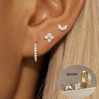 3 STÜCKE Edelstahl Goldfarben Kreis Creolen Set für Damen Einfache Zirkon Blume Ohrstecker Knorpelpiercing Schmuck