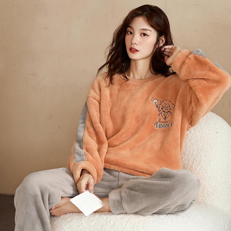 Coral Fleece Pajamas Women'S Autumn And Winter Thickened Fleece Warm Round Neck Pullover Flannel Winter Loungewear Set