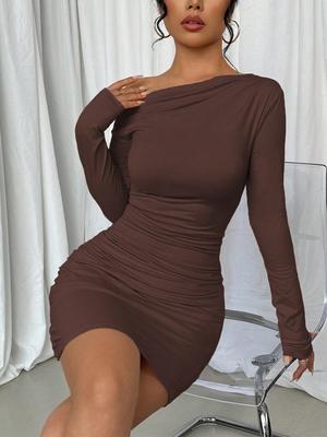 Oversized Ins Pure Color Slim Fit Dress Autumn New Style Slanted Shoulder Long Sleeve One-Piece Dress Women's Clothing