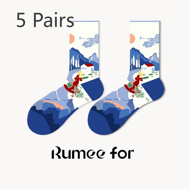 5 Pairs of Women Retro Personality Skateboards Wearing Mid Tube Socks