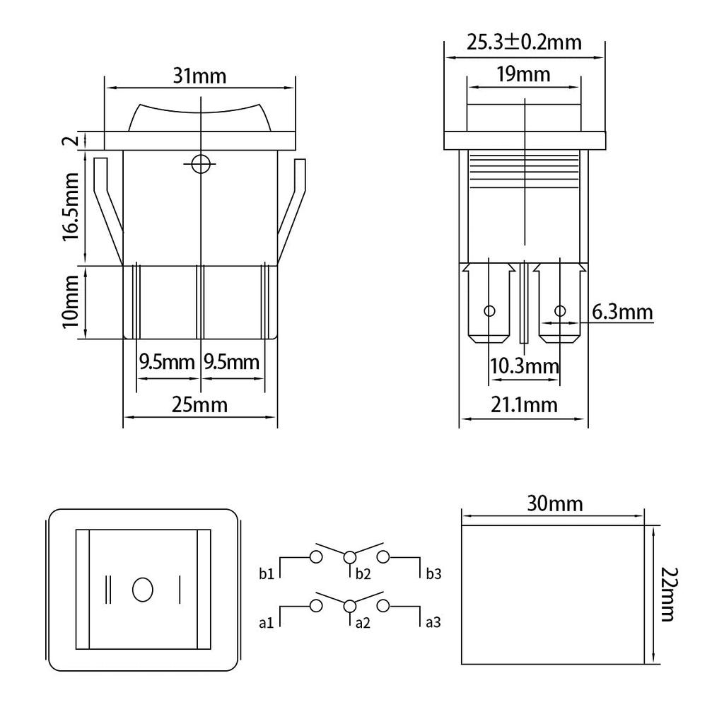 Heschen Rocker Switch ON-Off-ON DPDT 6 Terminals 16A 250VAC Black 2Pack