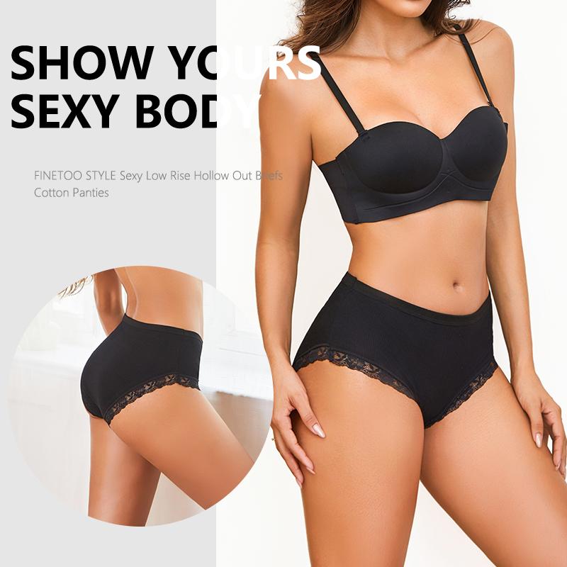 FINETOO 4Pcs/Set Ladies Mid Rise Underwear Cotton Ribbed Panties Floral Lace Edge Underpants Breathable Soft Women Briefs Multi‑color