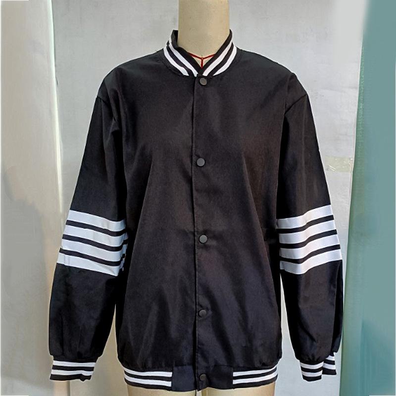 Autumn Women's Solid Colour Stripe Splicing Stand Collar Long Sleeve Loose Jacket