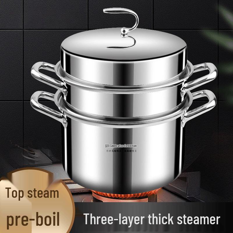 Stainless Steel 3-Layer Steamer Pot, Large Capacity Soup and Steam Cooker