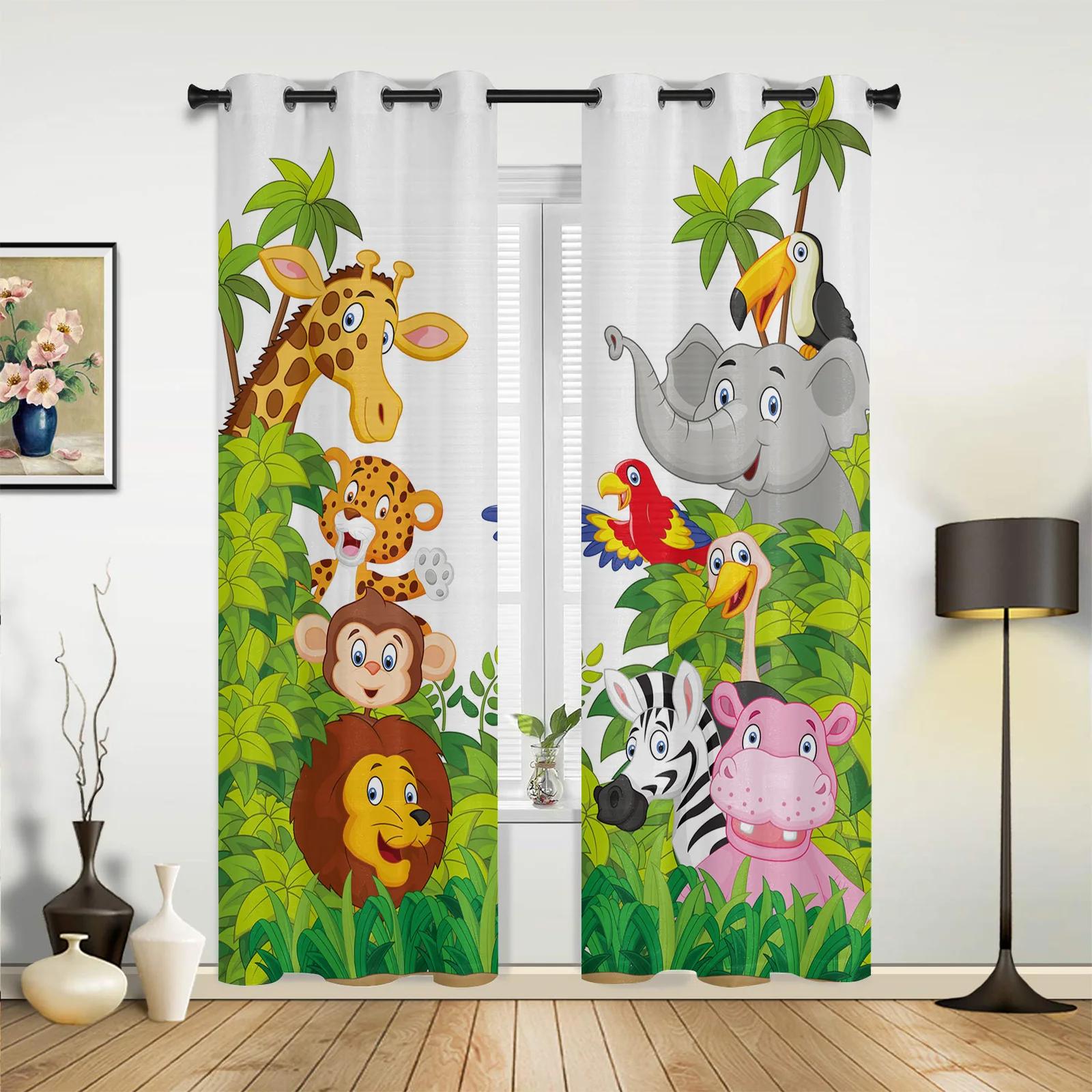 

Jungle Forest Cartoon Animal Lion Elephant Curtains Bedroom Living Room Drapes Kitchen Children Window Curtain Home Decor Polyester Ideal For W100*H130(CM)-Grommet top&2PCS
