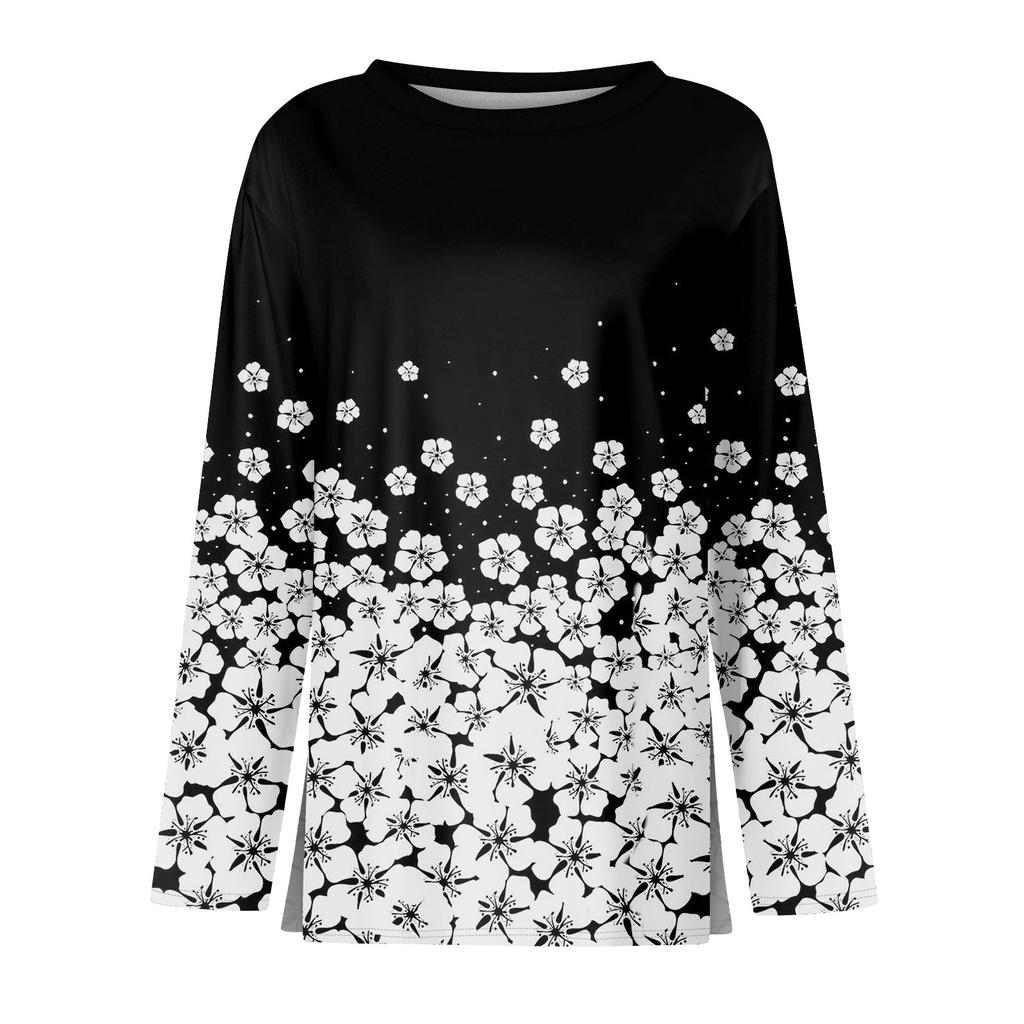 Dames casual T-shirt met split aan de zoom, ronde hals, lange mouwen en losse print.