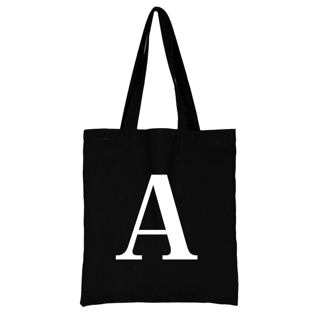 Women's Black Shopping Bag Casual Large-capacity White Letters Initial Name Pattern Printing Series Canvas Shoulder Bag Reusable
