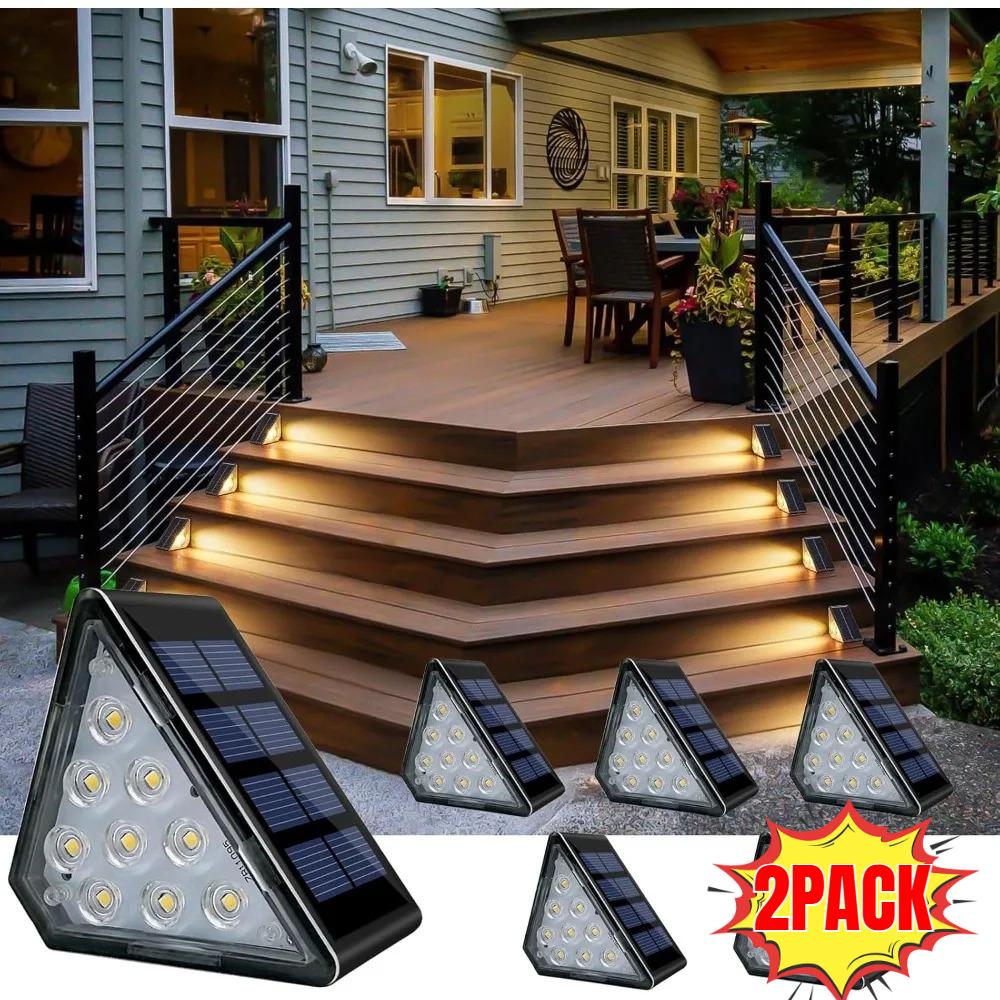 2PCS IP65 Waterproof Solar Triangle Step Lights Outdoor LED Deck Stair Fence Lamp Decorative Garden Yard Patio Pathway Lighting