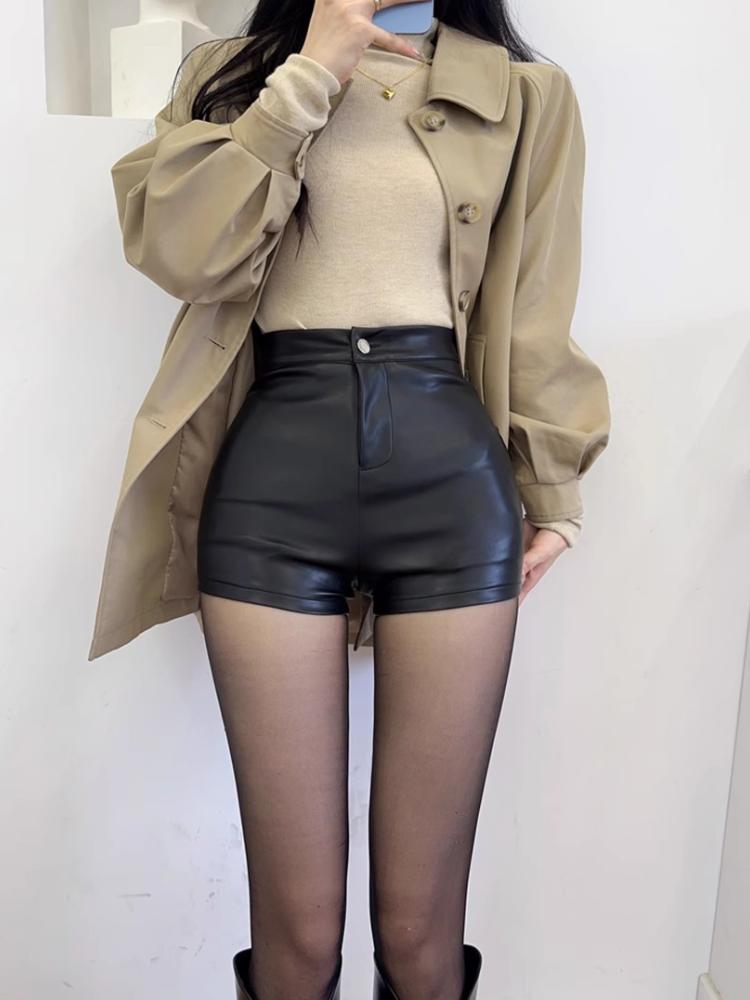 Leather Shorts Black Y2k Women Autumn And Winter High Waist Bag Hip Sexy Pu Leather Bottoming Elastic Shorts Plus Size S-4XL