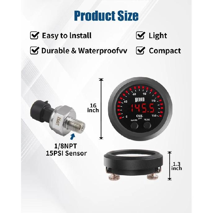 JJCOCO Universal Ultra-thin Electronic Fuel Pressure Gauge With 1/8 Npt Sensor Oil pressure Meter Red display Digital 0-15Psi