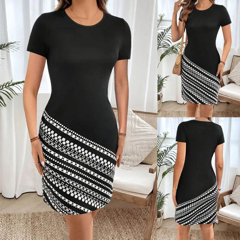 Women's Short-sleeved Round Neck Geometric Printed Slim Short Dress