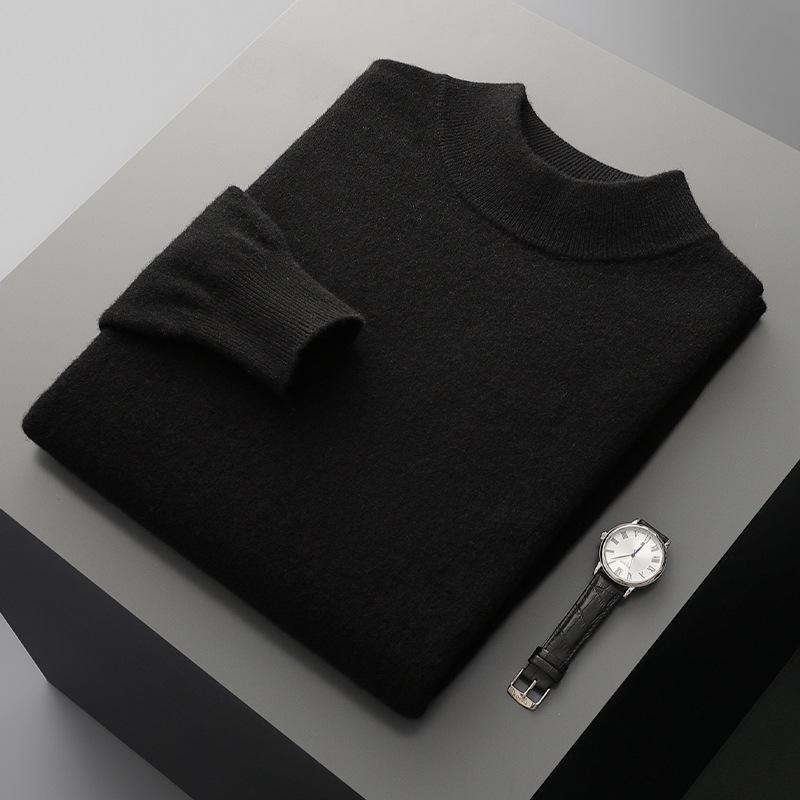Men's Pure Wool Semi-High Neck Sweater - Autumn/Winter Collection: Slim Fit, Solid Color Pullover