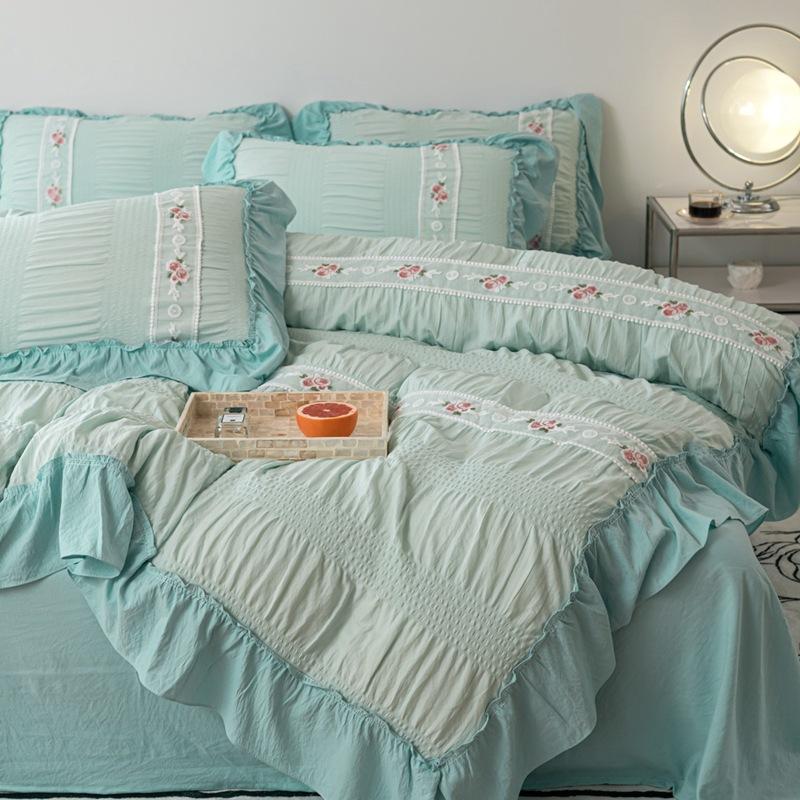 Korean Style Lace Pure Cotton Bed Sheet Set Four-piece Embroidered Seersucker Pure Cotton Four Seasons Bedding