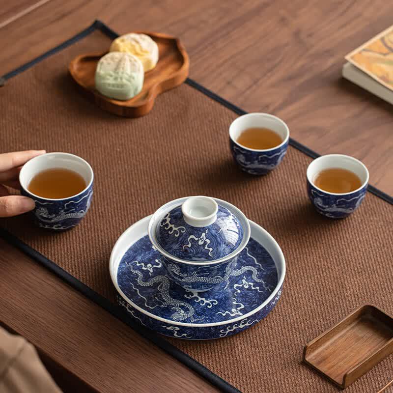 Sushui Ceramic Dragon Blue & White Tea Set