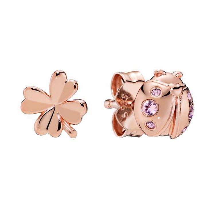 Pandora Four Leaf Clover And Ladybug Earrings Women earrings Rose-Gold 287960NPO Box,Rose Gold