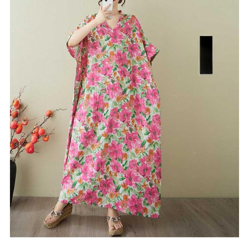 Women's Vintage Long Dress with Cotton and Linen Patterns