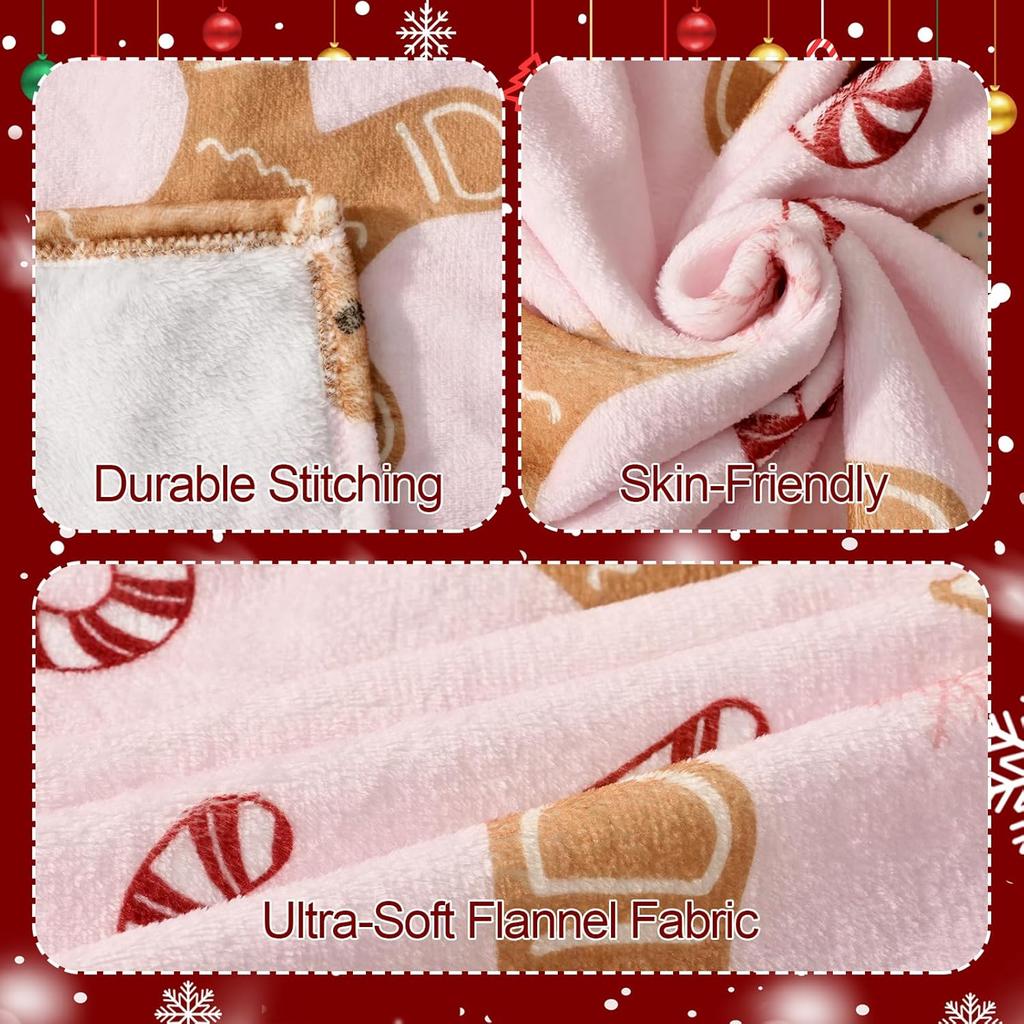 Pink Flannel Gingerbread Man Bed Blanket, Lightweight Cozy Christmas Blanket for Couch Sofa Bed Living Room Home Decor Gifts