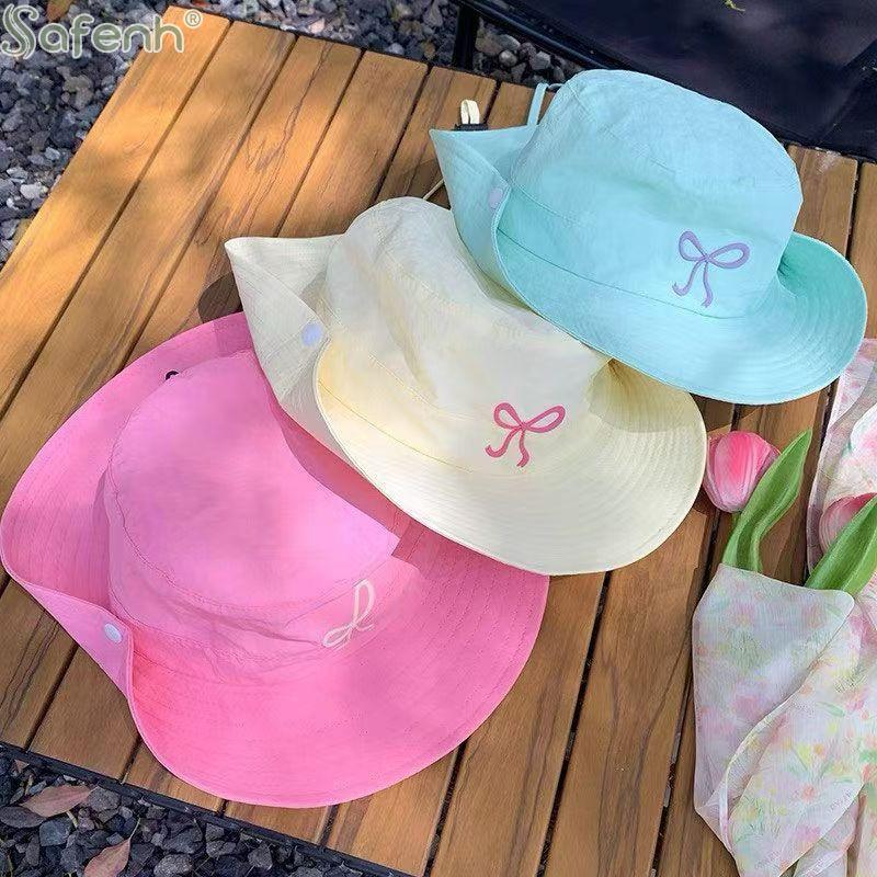 1Pcs Summer Hiking Camping Caps Fashion Bow Embroidery Quick Dry Bucket Hat Wide Brim Fordable Sunscreen Y2K Hats Girl Women