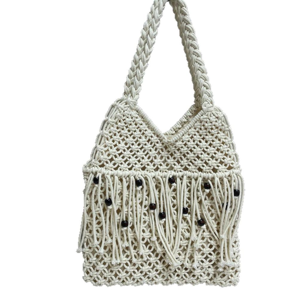 Forest-Inspired Tassel Woven Tote: Wooden Beads, Cotton Thread, Multi-Color Options, Customizable for Beach Vacations